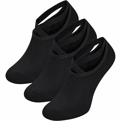 Damen Yoga & Pilates Socken (3er-Pack) | kurze Stoppersocken mit Bändchen | ideal auch als Hausschuhe (DE/NL/SE/PL, Numerisch, 39, 42, Regular, Regular, schwarz)