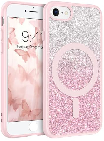 DUEDUE Funda Glitter Magnética para iPhone 7/8/SE(2020)/SE(2022)[Compatible con mag-Safe], Glitter Brillante Carcasa, Resistente a Los Arañazos TPU Suave Antigolpes Cover, Rosa