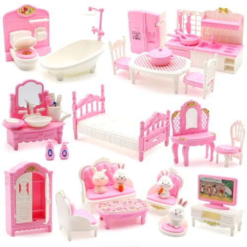 36Pcs Dollhouse Furniture Set Miniature Accessories Pretend Play Furniture for Dolls House 1:12 Scale Bathroom Bedroom Living Room Kitchen Furniture with Bunny for Kids Birthday Christmas(PINK)