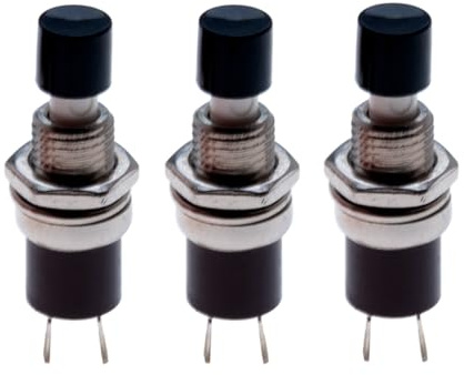 Pulsador Momentáneo 7,2mm Mini 125V 3A (Pack de 2) | SPST Abierto ON/OFF 2 Pines | Botón Redondo de ABS Negro | Montaje en Panel, Terminales de Soldadura para Modelismo y Proyectos de Electrónica DIY