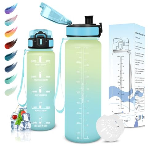 Motswedi Botella Agua, 1L sin BPA, Botella de Agua, Reutilizable, Cantimplora, con Marcador de Tiempo, Botella Agua Gimnasio, para Niños, Deporte, Running, Gimnasio, Bicicleta, Blanquecino Azul Claro