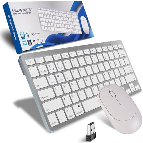 Mini Wireless Keyboard and Mouse Set, Bluetooth5.2/3.0 & 2.4G 3-Mode Cordless USB Keyboard and Silent Mouse Comb,Multimedia Shortcuts for Mac,Computer,PC,Laptop,Battery-powered,QWERTY US Layout,Silver