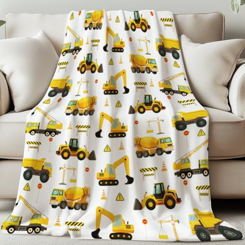 GLOBLELAND Überwurf Mit Baufahrzeugen Für Damen Und Herren 150x130CM Bagger Bulldozer Mischer Weiche Gemütliche Flanelldecke Waschbar Flauschige Überwurfdecke Für Zuhause Büro Zimmer Bett Sofa Stuhl