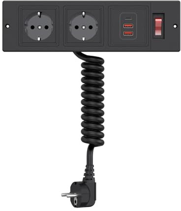 Einbausteckdose mit Federnder Kabel, Dinolink Schubladen Steckdose mit 2 Steckdosen, 3 USB-Anschlüsse, EIN/Aus-Schalter, Steckdosenleiste Mehrfachsteckdose für Möbel, Schreibtisch, Küche, Schwarz
