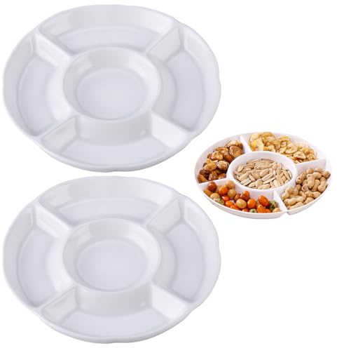 XUEHOU 2 Stück Snackteller Runden Snackschale Süßigkeiten Schale Snackteller mit Fächern Snacktablett 5 Fach Obstteller Wiederverwendbar Weißer für Nüsse Desserts