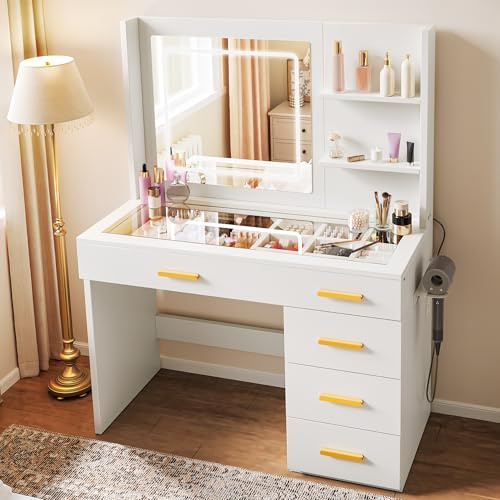 YITAHOME Schminktisch mit Beleuchtung, Dressing Table mit Spiegel Schminktische mit Hocker Farben mit Einstellbarer Helligkeit, Frisiertisch mit 5 Schubladen Offenen Fächern Vanity Table weiß