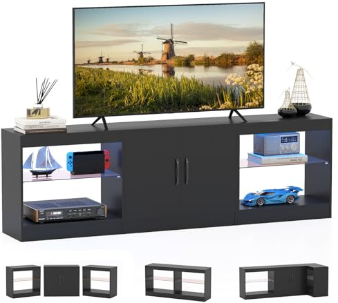 KOMFOTTEU Mobile TV da 85 3 in 1 con Luci LED, Mobiletto porta Televisori Liberamente Combinabile da 3 Pezzi, con Ripiani in Vetro Regolabili, per Soggiorno, Camera da Letto, 195x30x55cm (Nero)