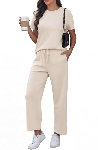 GRECERELLE Airport Two Piece Travel Outfits Set for Women Summer Short Sleeve Casual Crew Neck Tracksuit Womens Full Set Cap Sleeve Tops and Jogging Bottoms with Pockets