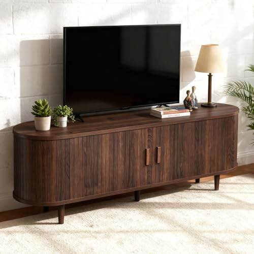 oneinmil 147cm (58) TV Stand Cabinet for TVs up to 65 inch with Sliding Doors, Wood Entertainment Center with Adjustable Shelves for Living Room and Bedroom, Walnut