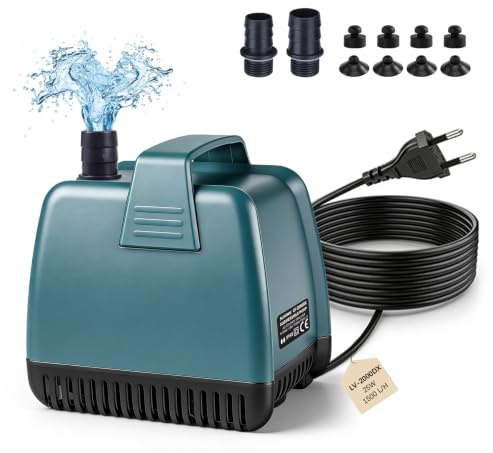 SUPAWAY Pompe pour Aquarium 25W 1500L/H Pompe Submersible Ultra Silencieuse Pompe de bassin avec 2 Buses & Câble 2m Pompe submersible, Pompe de fontaine pour Bassins, Aquariums, Jardins (Bleu-Vert)