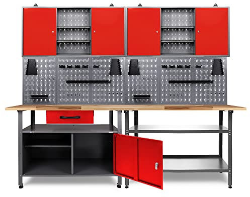 Ondis24 Werkstatt Set Erfinder 240 cm 2 Schränke (Arbeitshöhe 85 cm, Rot)