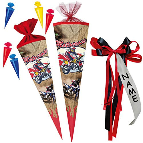 alles-meine.de GmbH Set Schultüte + 5 kleine Zuckertüten - Motorrad - Motocross - Enduro - 35 cm - rund - incl. individueller großer Schleife - mit Namen - Tüllabschluß - Zuc..