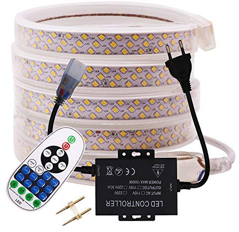 XUNATA Dimmbar LED Strip Warmweiß, 220V 2835 SMD 276leds / m IP65 Wasserdicht,Flexibles LED Lichtschlauch mit 23 Key Fernbedienung für Küche Stairway Weihnachten Party Deko (Warmweiß,100M)