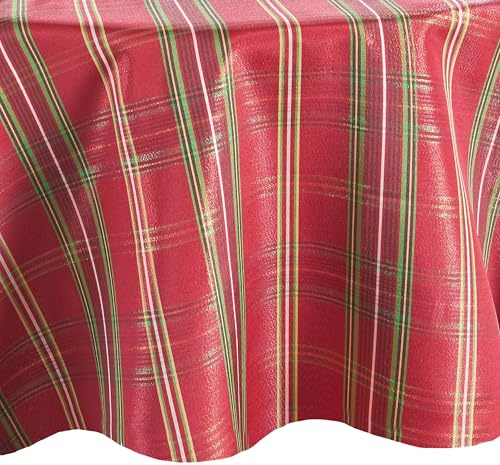 Elrene Home Fashions Shimmering Plaid Holiday Tablecloth, 70 Round, Red