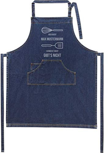 Jeans-Schürze mit Namen - Motiv hier kocht - lustig - viele Motive - Kochschürze - Grillschürze - personalisiert - dunkelblau - Größe 75x90 cm - persönliches Geschenk - mit Wunschname - mit Wunschmoti