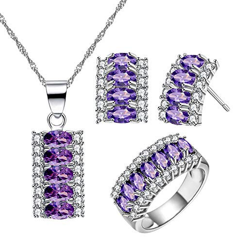 Uloveido Weißgold plattierte Zirkonia Halskette/Ohrstecker/Ring Kristall Party Schmuck Set für Verlobung Hochzeit T502 (Lila, Größe 59)