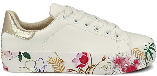 PAYMA - Zapatillas Bambas Deportivas con Plataforma de Mujer. Tenis Deporte, Casual y Caminar. Cordones y Cierre de Contacto. Interior Acolchado. Color: Blanco Flores. Talla: EU 37