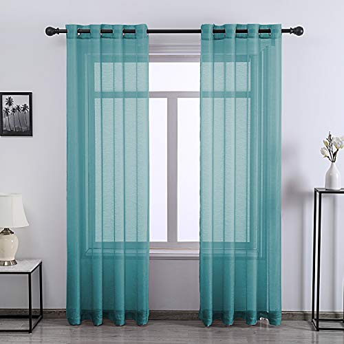 DONREN Blaugrüne Fenstervorhänge, 213 cm lang, 2 Stoffbahnen mit Ösen, Voile, halbtransparente Vorhänge für Wohnzimmer, 132 x 213 cm Länge