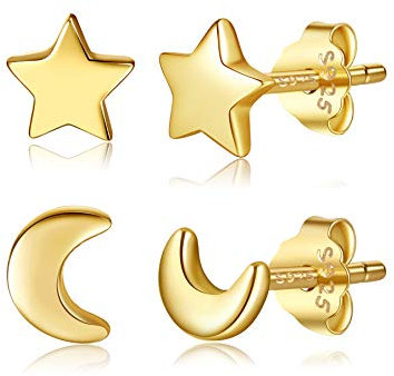 CHIC & ARTSY Lot de 2 paires de boucles d'oreilles en forme de croissant de lune et d'étoile en argent sterling 925 poli pour femme, Argent sterling, Pas de gemme