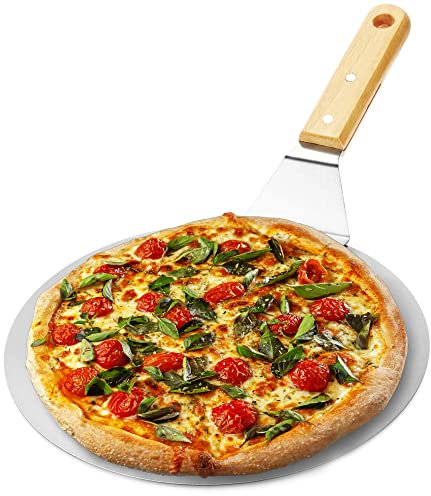 com-four® pelle à pizza en acier inoxydable - pelle à pizza et à gâteaux avec manche en bois - poussoir à pizza rond pour pizza, tarte flambée et pain (marron/argent - rond)