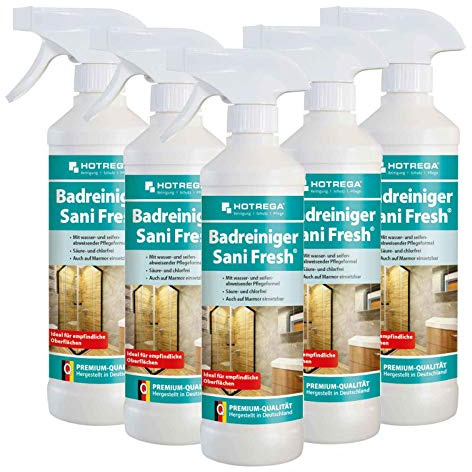 HOTREGA Badreiniger Sani Fresh 500 ml | 5er Pack Sanitärreiniger | Gegen Kalk & Seifenreste | Ideal für Chromarmaturen, Dusche und WC | Säurefrei + Chlorfrei | Pflegeformel mit Abperleffekt