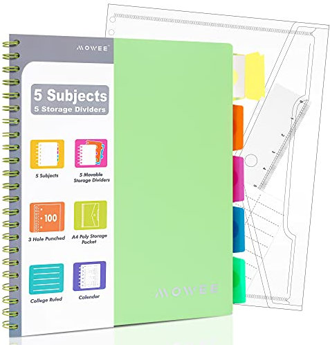 MOWEE Spiralnotizbuch, 5 Themen, College-Notizbuch, liniert, 3-fach gelocht, mit Trennblättern, Aufbewahrungstaschen, 27,9 cm Lineal, 200 Seiten, für Tagebuch, Zuhause und Büro,A4 lindgrün