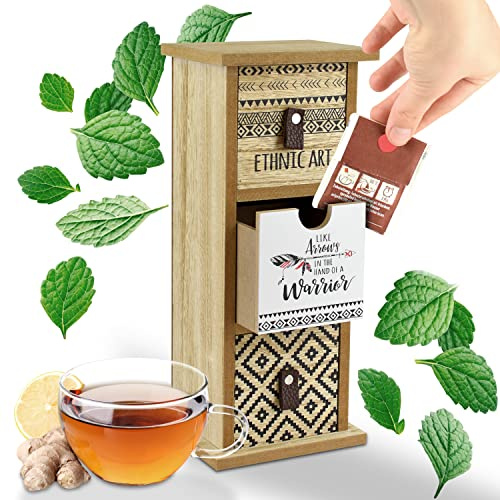 TEEBOX NEU (STEHEND) MODERNE TEEBEUTEL AUFBEWAHRUNG | aus Holz | im Boho Stil | zum Aufbewahren und Servieren | mit herausnehmbaren Laden | vielseitig einsetzbar | dekorative Teebox | handgefertigt