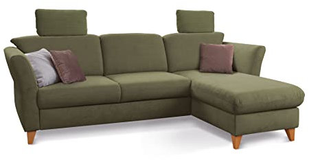 CAVADORE Ecksofa Trend / Skandinavische Eckcouch mit Federkern, Longchair und 2 Kopfstützen / 249 x 86 x 162 / Cord, Olive