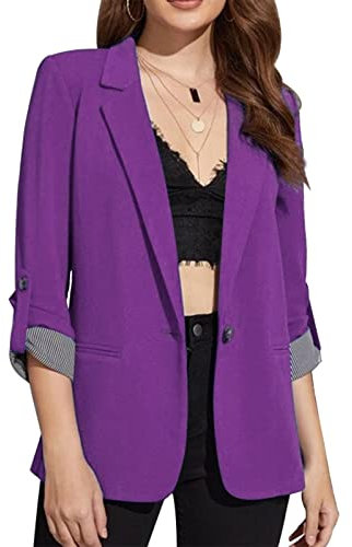 MINTLIMIT Giacca da donna casual, da lavoro, con tasche, maniche arrotolabili, con bottoni, Viola, XXL