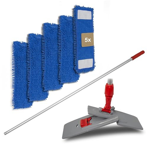 G.I.V. - Reinigungstechnik Bodenwischer Set Moppstange Aluminium mit Rändelhandgriff + Klapphalter & 5X Chenillemopp Bezug 40cm - Wischbezug Wischer Bodenreinigung - Wischmopp mit Stiel - Moppzubehör