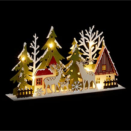 Feeric Christmas Deko-Licht, Rentier & Tannenbäume, Holz, 13 warmweiße LEDs, 30 x 17 cm