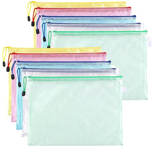 10 Pezzi Borse di File A4, Sacchetto del Documento, A4 Sacchetto di Zip Impermeabile, Busta Plastica con Cerniera, per Documenti, Ricevute, Materiale Scolastico, Accessori da Viaggio, 5 Colori