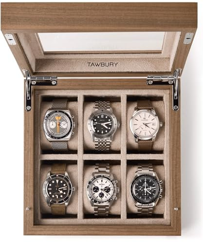 TAWBURY Uhrenbox Holz 6 Uhren - Luxuriöse Uhrenbox mit Glasdeckel | Uhrenbox 6 Uhren | Uhrenbox Herren Holz | Uhrenbox Damen | Uhr Aufbewahrung | Uhr Etui | 6 Watch Box | Walnußholz