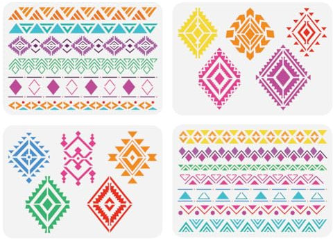 FINGERINSPIRE 4Pcs Pochoir de Peinture Géométrique Tribal 21x29.7 Cm, Motif Bohème Aztèque, Thème Bohème, Motif Floral, Modèle pour Peinture sur Bois, Sol, Mur, Carrelage, Toile, Tissu, Meubles