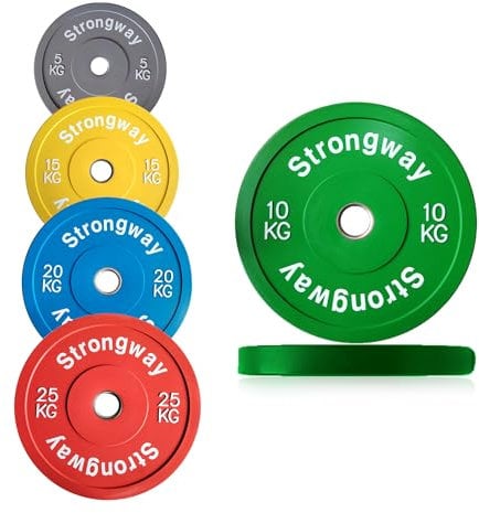 Strongway® Olympic Bumper Weight Plates Colour Coded (5KG 10KG 15KG 20KG 25KG) Discs for Barbell - 2 Inch (2) / 50mm Hole - Weight Lifting Workout Home Gym Fitness (2 X 10KG)
