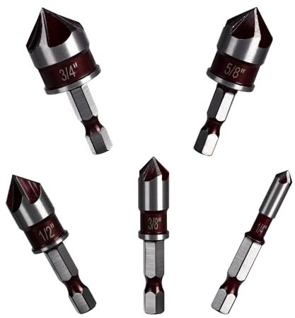5 Pcs Countersink Drill Bits Set,High Carbon Chromium Steel Counter Sinker Drill Bits 5 Flute 82 Degree Hex Shank 1/4'' 3/8'' 1/2'' 5/8'' 3/4'' Set for Medium Hardness Metal, Fibreglass Plastics, Wood