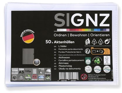 SIGNZ Aktenhüllen (DIN A5, extra starke 120 my), 50 Stück, genarbt, CO2-neutral hergestellt, made in Germany