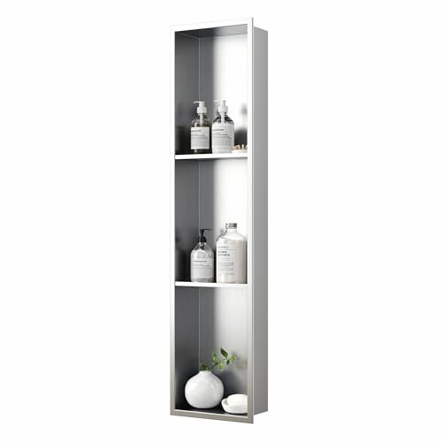 Neodrain Duschnische aus gebürstetem Edelstahl, 91,4 x 20,3 cm, keine Fliesen erforderlich, versenktes Nischenregal für Badezimmer-Aufbewahrung, 3-stöckige Einbaunische