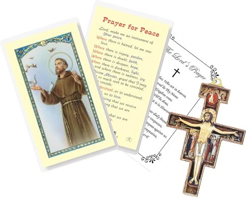 Trendzeen Mini San Damiano Kruzifix – laminierte Gebetskarte des Heiligen Franziskus von Assisi, Gebetskarte des Herrn – hergestellt in Ungarn, kleines 8,9 cm großes San Damiano-Kreuz – San