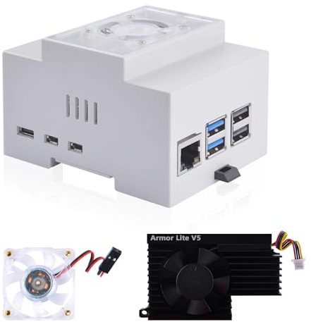 GeeekPi Raspberry Pi 5 Gehäuse, DIN Rail ABS Gehäuse mit Armor Lite V5 Active Cooler Cooling Fan für Raspberry Pi 5, Modular Box für Electrical Panels