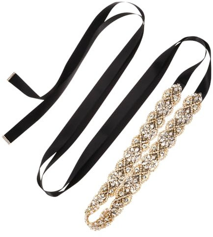 sourcing map Rhinestone Bridal Belt for Wedding Dress, Gold Handmade Crystal Bridesmaid Sash Belt, Women's Dress Accessories with Ribbon