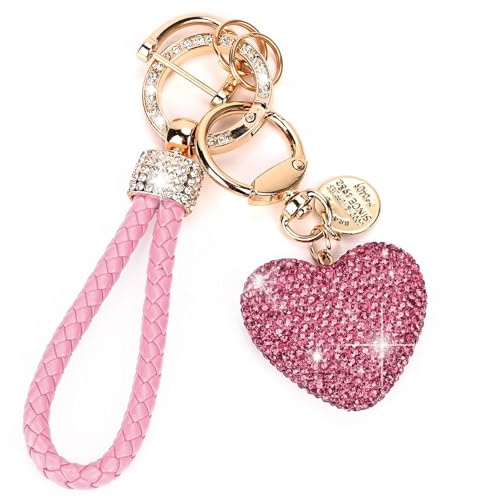 RIXERKOC Porte-clés auto pour femmes avec strass scintillant en forme de coeur, porte-clés mignons pour femmes, cadeau personnalisé pour Noël et anniversaire (Rose)