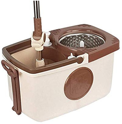 OUZBEM Trapeador Giratorio marrón, Sistema de Limpieza de Pisos con Cabezales de trapeador de Microfibra con Cubo de Acero Inoxidable y Poste de trapeador Ajustable Vision