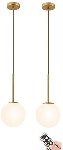 Wireless Battery Operated Pendant Lighting with USB Rechargeable Bulb and Remote, Not Hardwired Mid Century Pendant Light with White Glass Globe Shade, for Kitchen Island Dining Table Bedroom Living R