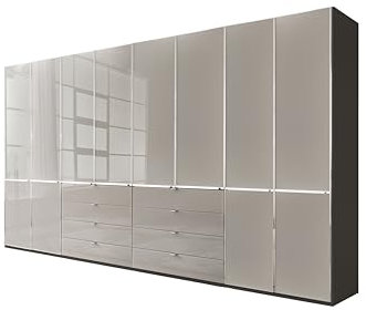 WIEMANN Drehtürenschrank mit 8 Schubkästen hochwertiger Kleiderschrank Schlafzimmerschrank 400cm breit, mit Schubladen, Glas Kieselgrau, Korpus Havanna, Höhe 216cm, Shanghai