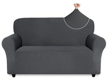 Easy-Going Stretch Sofa Überzug 2 Sitzer, Rutschfester Sofabezug für Hund Katze, Stilvoller Jacquard Couch Überzug Bezug, Weicher Küchensofa Couch Cover, 1 Stück Sofaschoner mit Armlehnen, Dunkelgrau