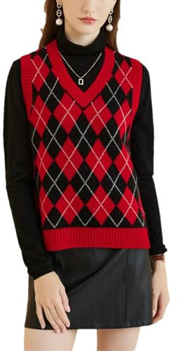 Damen Wollpullover Weste Plaid V-Ausschnitt Winter Basic Ärmellos Strickpullover Weste, schwarz / rot, XL