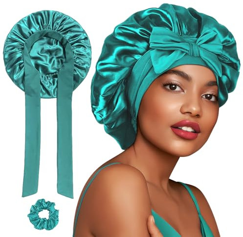 FOLAI Cuffia di Seta Capelli Ricci, Berretto da Notte in Raso Elastico con 2 Elastici - Adatto a Donne e Ragazze (Verde)