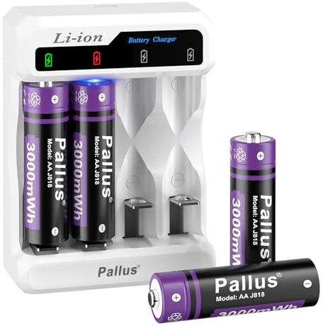 Rechargeable AA Lithium Batteries, High Capacity 3000mWh, 2 Hour Fast Charge with 4-Slot Charger, Double A Rechargeable Battery, 1500+ Cycles, for Radio, Toys, Remote Control, Camera (4 Pack)