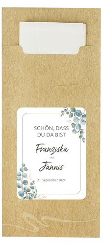 Herz & Heim® Bestecktaschen mit Servietten zur Hochzeit (10 Stück) personalisiert (Eukalyptus)